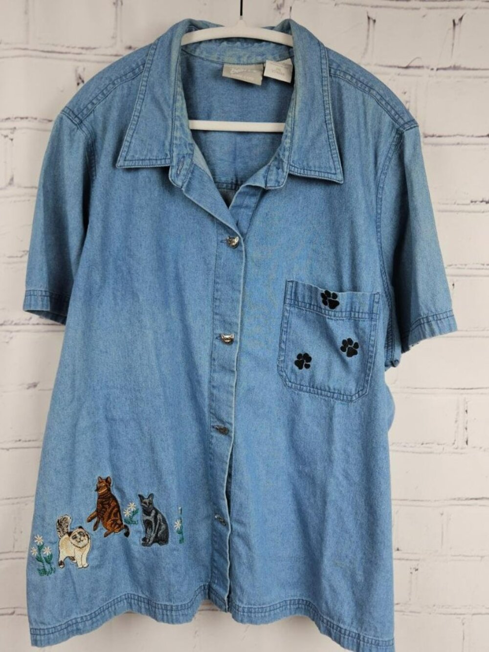 Cats Paws Blaire Denim Shirt Womens 3XL Embroidered Button Up Short Sleeve Kitty